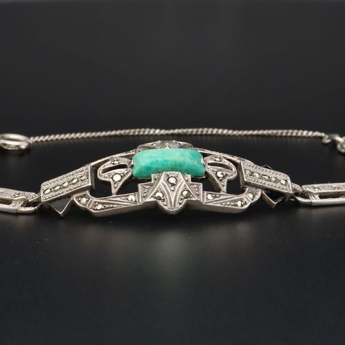 Art Deco Silver Marcasite & Peking Glass Bracelet image-2