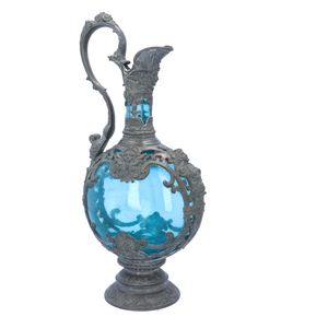 19th Century French Blue Glass and Pewter Bacchus Claret Jug