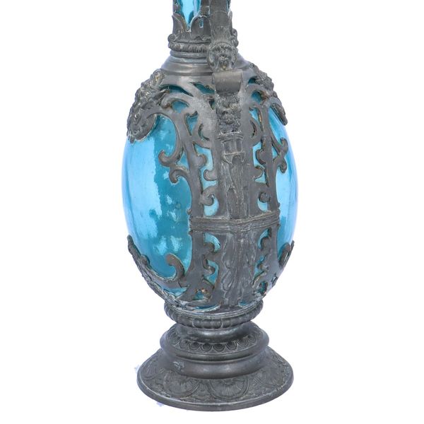 19th Century French Blue Glass and Pewter Bacchus Claret Jug