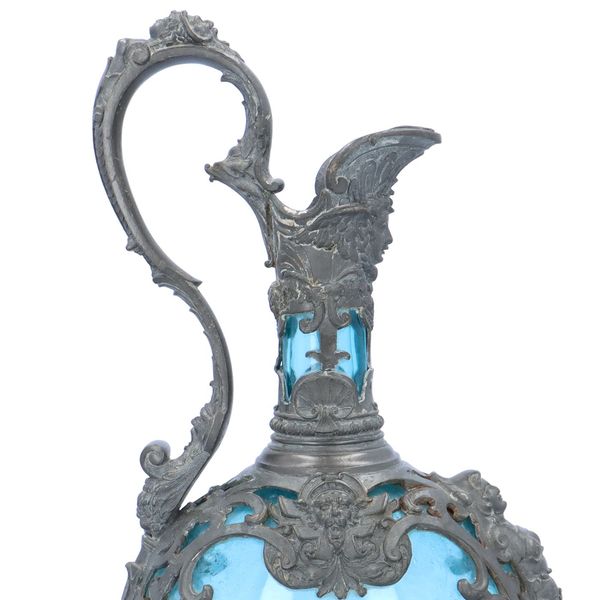 19th Century French Blue Glass and Pewter Bacchus Claret Jug