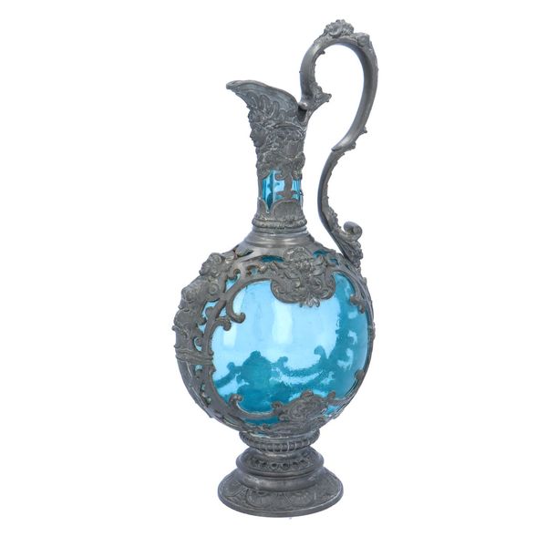 19th Century French Blue Glass and Pewter Bacchus Claret Jug