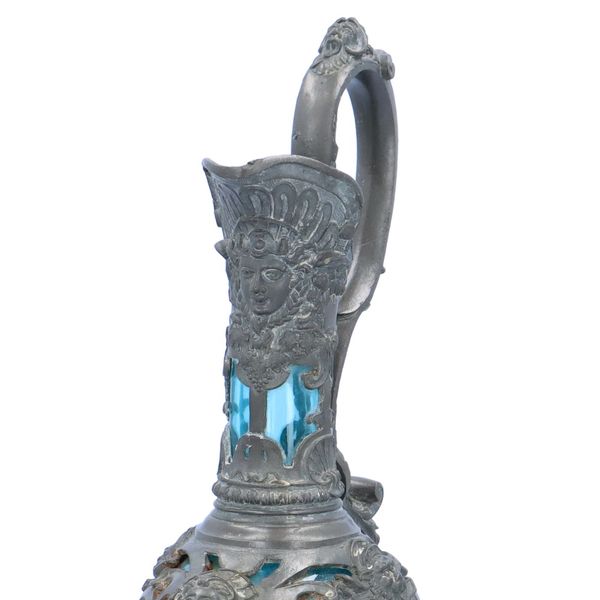 19th Century French Blue Glass and Pewter Bacchus Claret Jug