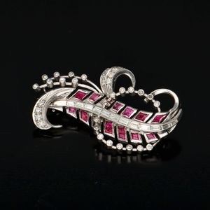 Vintage 18ct White Gold Ruby and Diamond Brooch