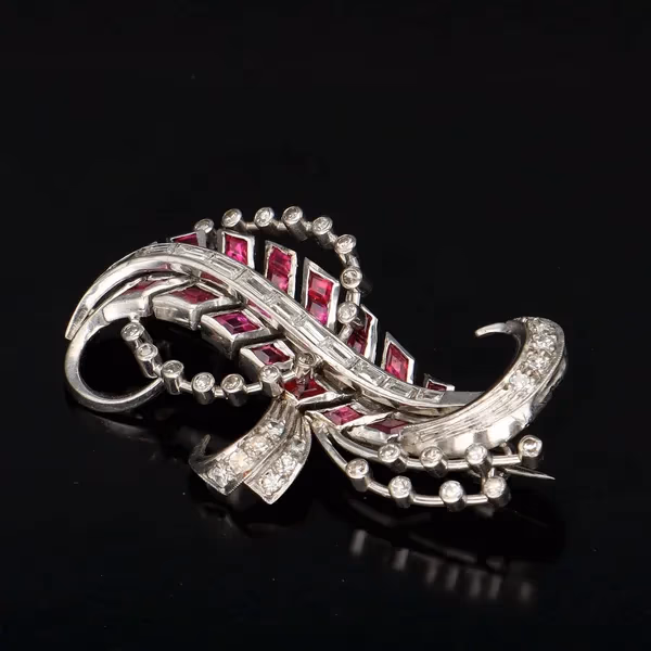 Vintage 18ct White Gold Ruby and Diamond Brooch