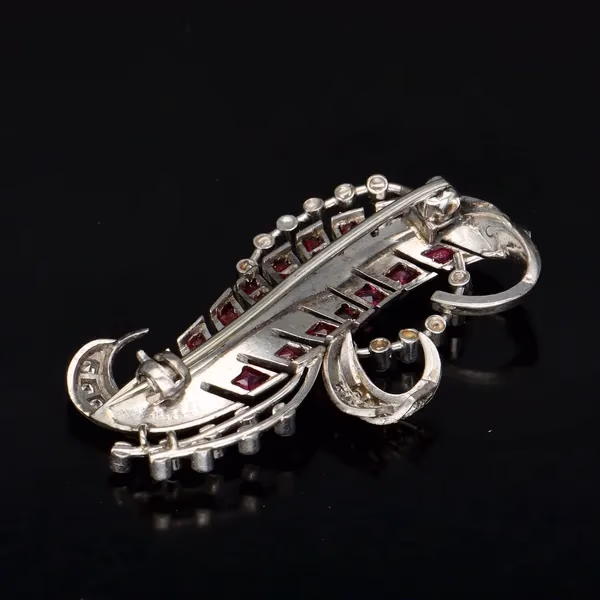 Vintage 18ct White Gold Ruby and Diamond Brooch
