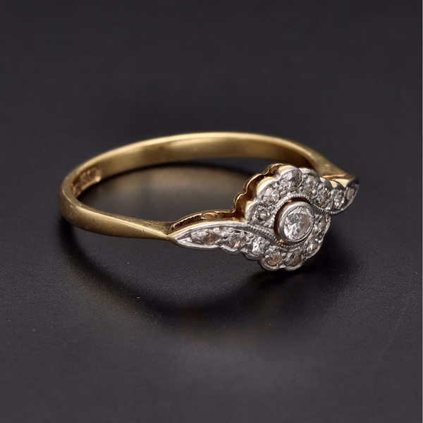 18ct Yellow Gold Circa 1930s Diamond Floral Cluster Ring