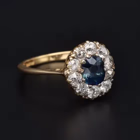 18ct Yellow Gold Mine Cut Diamond & Sapphire Ring