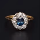 18ct Yellow Gold Mine Cut Diamond & Sapphire Ring