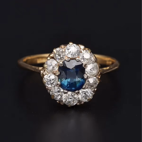 18ct Yellow Gold Mine Cut Diamond & Sapphire Ring