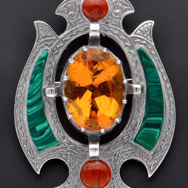 Scottish Malachite & Jasper Silver Brooch