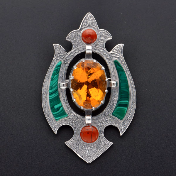 Scottish Malachite & Jasper Silver Brooch