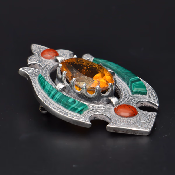 Scottish Malachite & Jasper Silver Brooch