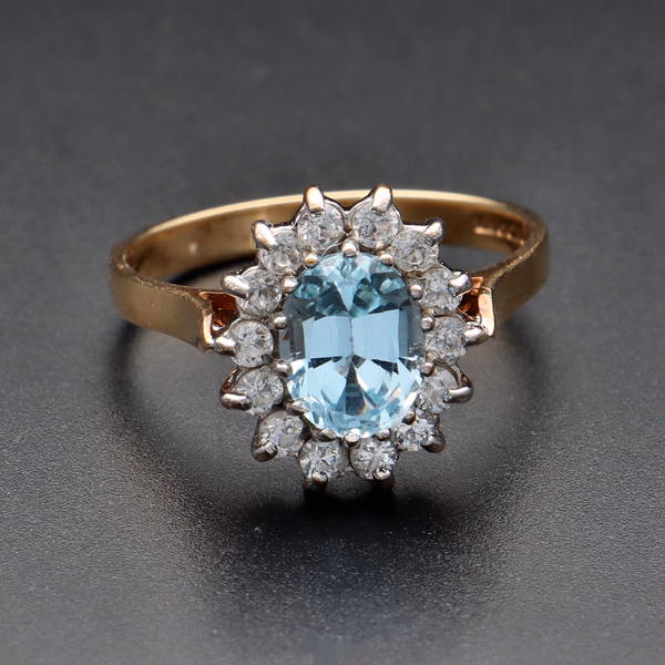 9ct Yellow Gold Aquamarine & Cubic Zirconia Cluster Ring