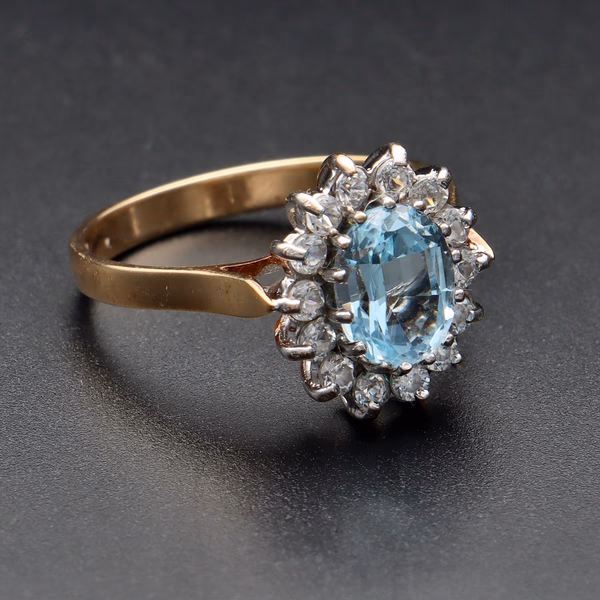 9ct Yellow Gold Aquamarine & Cubic Zirconia Cluster Ring