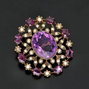 Victorian 9ct Gold Amethyst and Seed Pearl Brooch