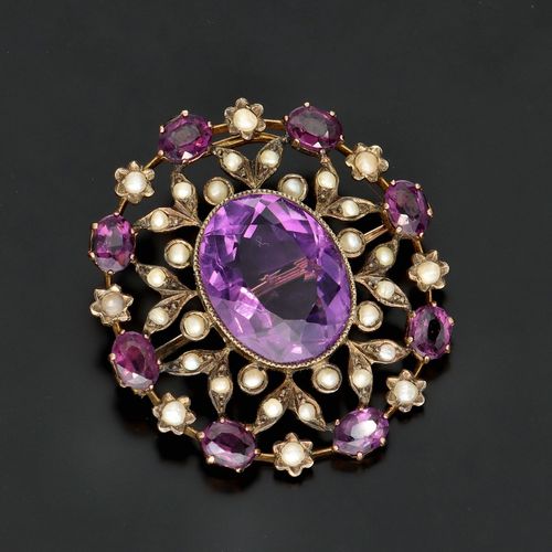 Victorian 9ct Gold Amethyst and Seed Pearl Brooch image-1