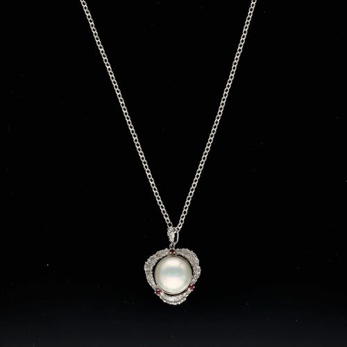 Silver Mabé Pearl and Ruby Pendant image-1