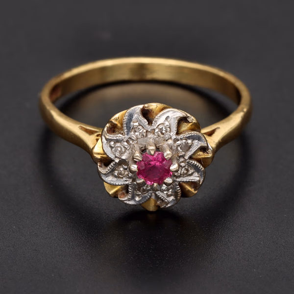 London 1967 18ct Yellow Gold Ruby & Diamond Cluster Ring
