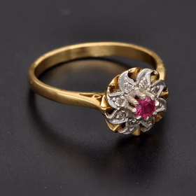 London 1967 18ct Yellow Gold Ruby & Diamond Cluster Ring