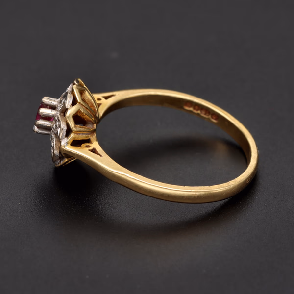 London 1967 18ct Yellow Gold Ruby & Diamond Cluster Ring