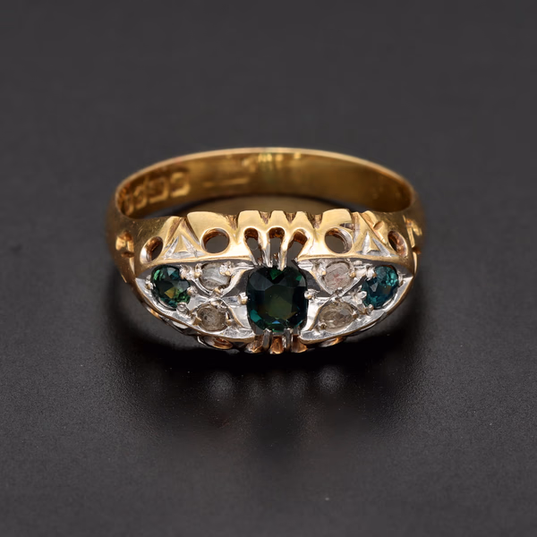 18ct Yellow Gold Old Cut Diamond & Sapphire Gypsy Set Ring