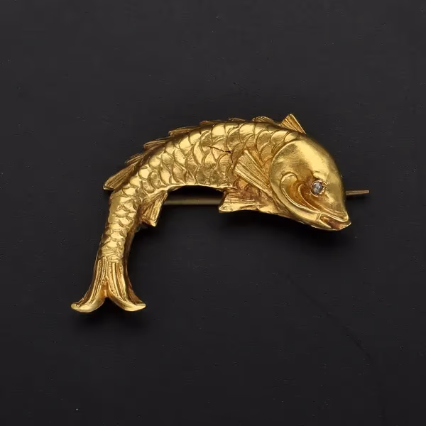 Rare 18ct Yellow Gold Victorian Fish Brooch With Diamond Eye