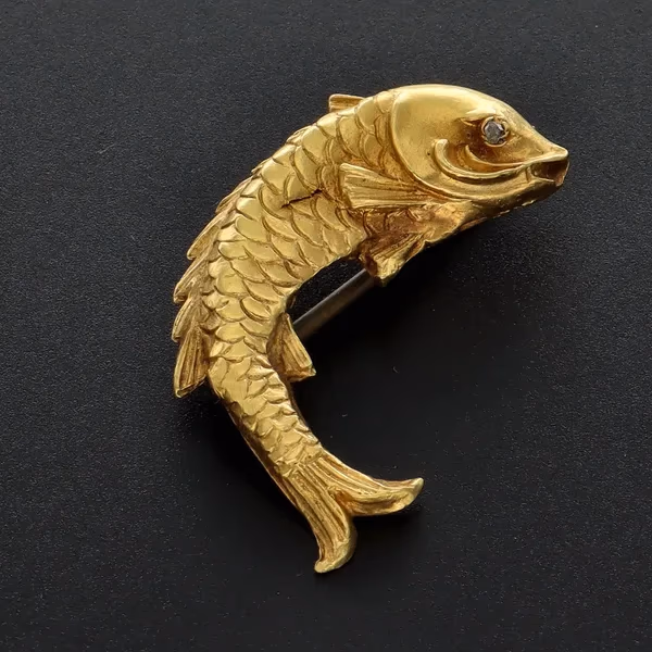 Rare 18ct Yellow Gold Victorian Fish Brooch With Diamond Eye