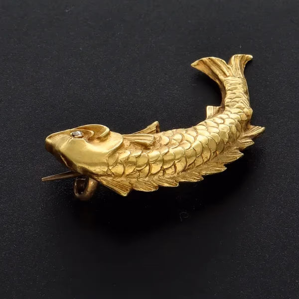 Rare 18ct Yellow Gold Victorian Fish Brooch With Diamond Eye