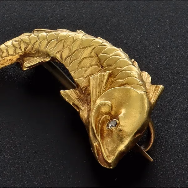 Rare 18ct Yellow Gold Victorian Fish Brooch With Diamond Eye