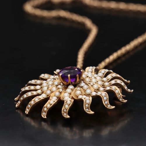 Vintage 14ct Gold Amethyst and Pearl Pendant Necklace image-3