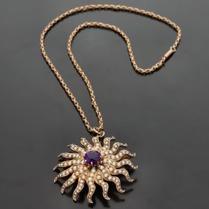Vintage 14ct Gold Amethyst and Pearl Pendant Necklace