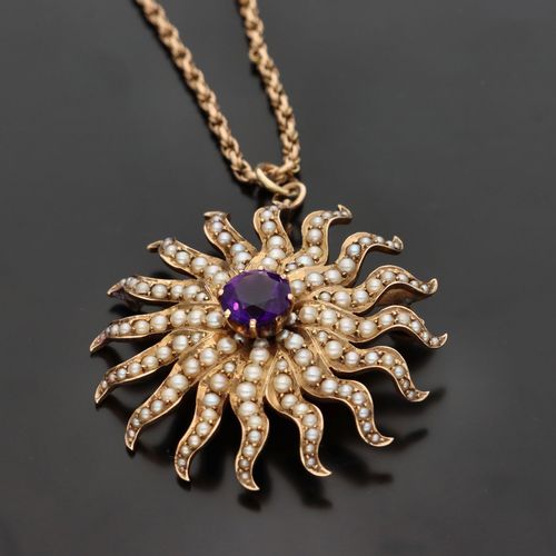 Vintage 14ct Gold Amethyst and Pearl Pendant Necklace image-2