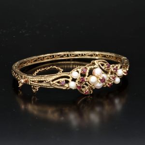Vintage Heavy 9ct Gold Cultured Pearl and Ruby Bangle
