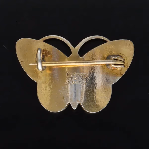 Aksel Holmsen Silver Gilt and Pink Enamel Butterfly Brooch