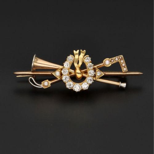 Vintage 15ct Gold Diamond and Pearl Hunting Brooch image-1