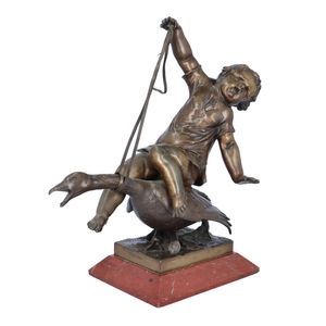 Signed French Bronze Figure of The Child and The Goose