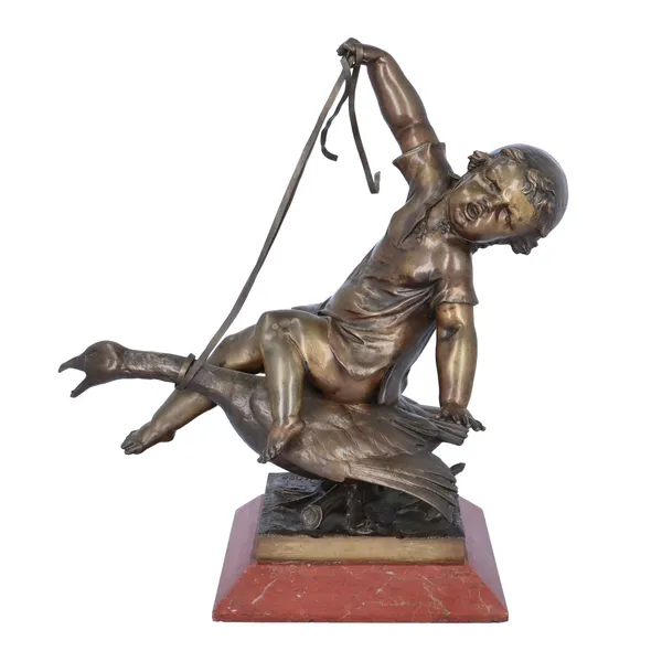 Signed French Bronze Figure of The Child and The Goose
