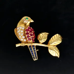 18ct Gold Emerald Diamond Ruby and Sapphire Bird Brooch