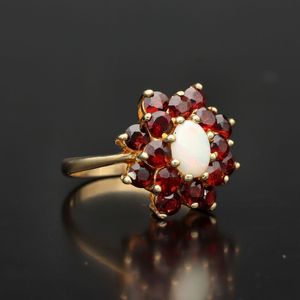 20th Century 9ct Gold Garnet and Opal Cluster Ring