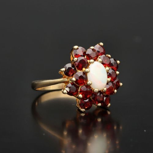 20th Century 9ct Gold Garnet and Opal Cluster Ring image-1