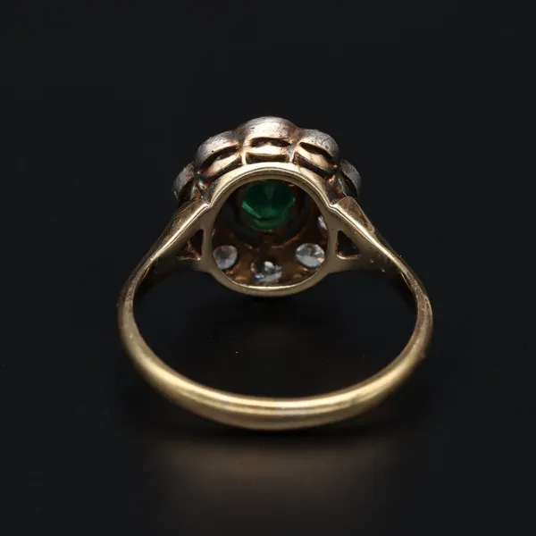 Edwardian 18ct Yellow Gold O-Cut Diamond & Colombian Emerald Ring