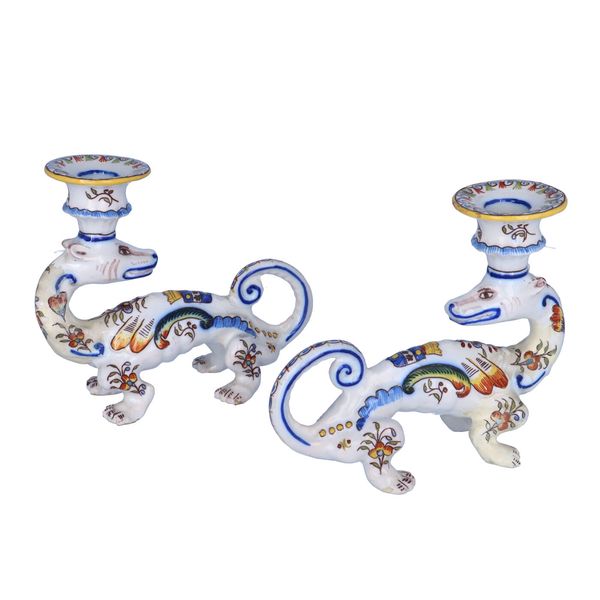 Pair of Gabriel Fourmaintraux Faience Candle Holders