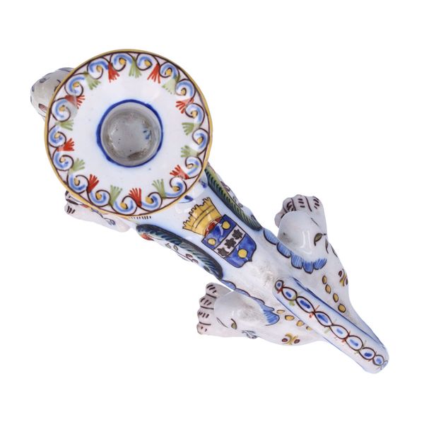 Pair of Gabriel Fourmaintraux Faience Candle Holders