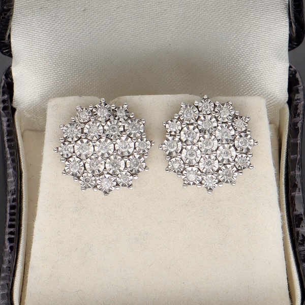9ct White Gold Diamond Cluster Earrings