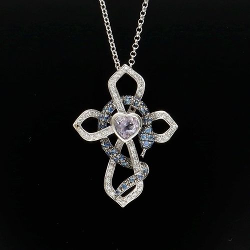 18ct Gold Amethyst Sapphire and Diamond Cross Necklace image-2