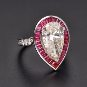 6.62ct Pear Diamond & Ruby Platinum Cluster Ring