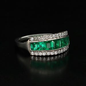 14k White Gold Emerald and Diamond Band Ring