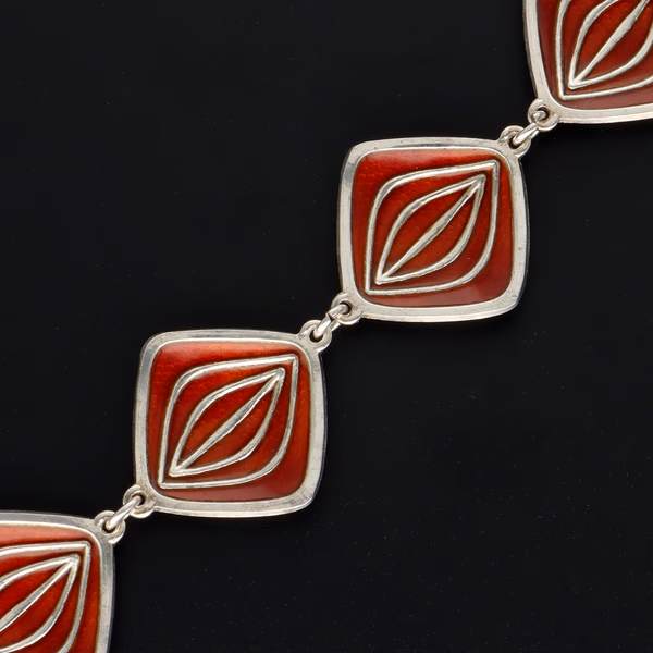 Rare Modernist Norwegian Sterling Silver and Red Enamel Bracelet