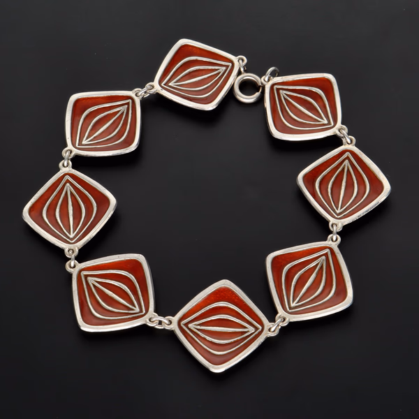 Rare Modernist Norwegian Sterling Silver and Red Enamel Bracelet