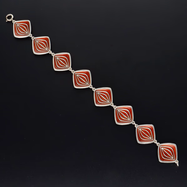 Rare Modernist Norwegian Sterling Silver and Red Enamel Bracelet